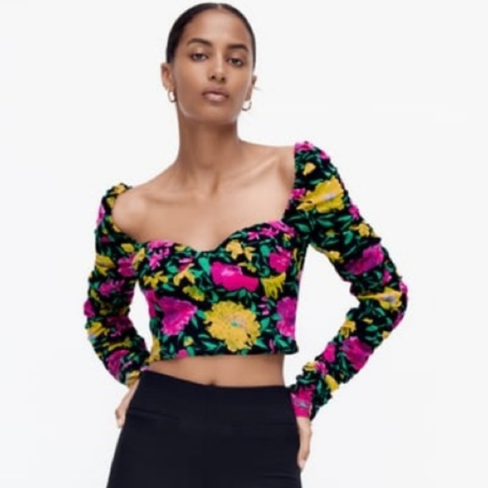 Zara pink and yellow long sleeve floral crop top size small